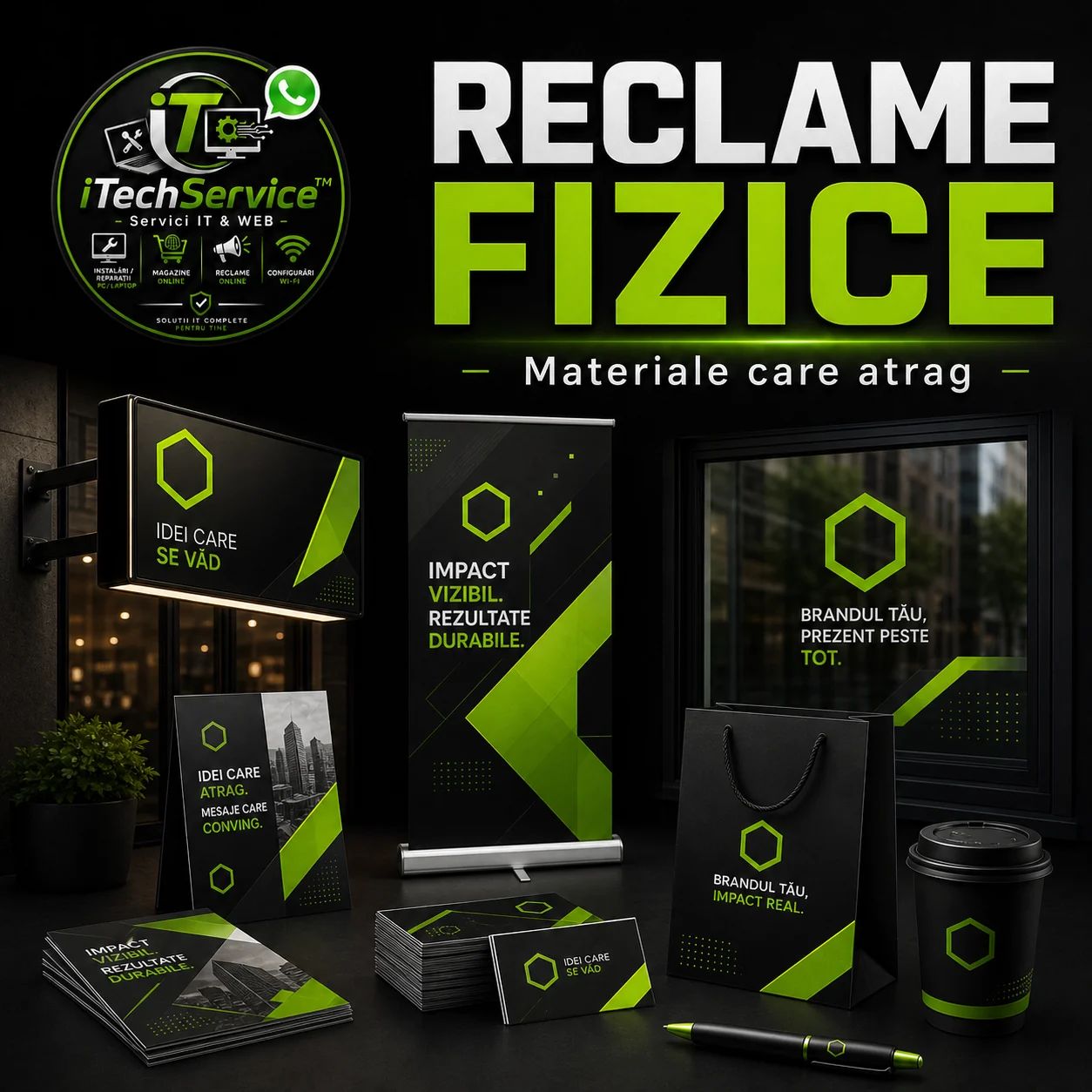 Reclame fizice iTechServiceTM – bannere, flyere, roll-up-uri și semnalistică