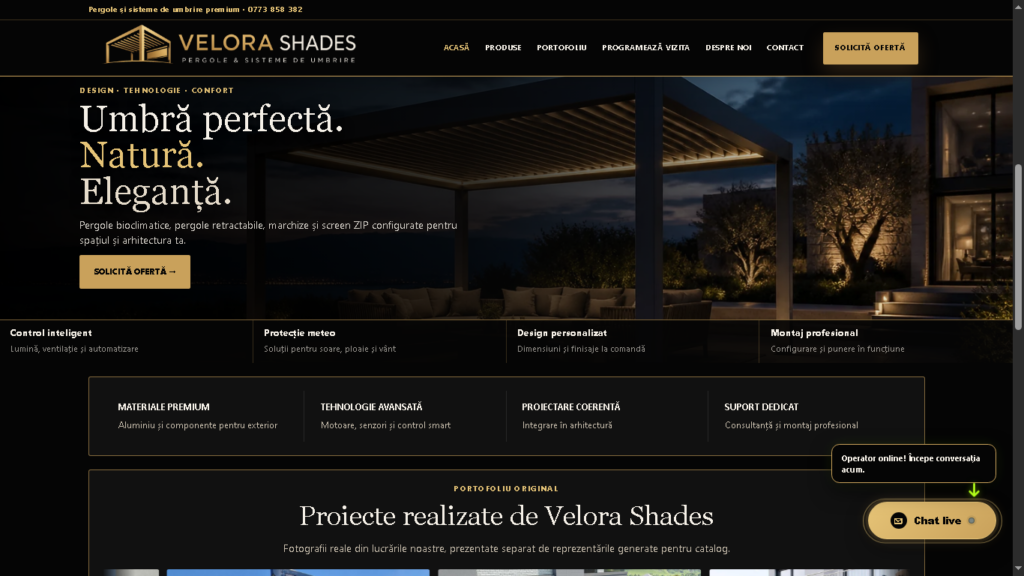 Pagină principală Velora Shades — pergolă bioclimatică