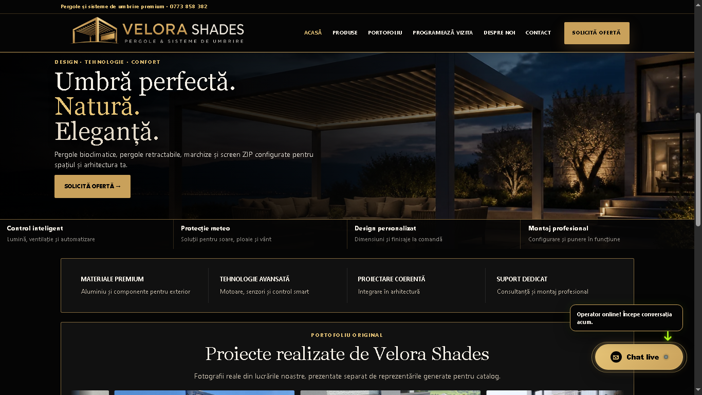 Pagină principală Velora Shades — pergolă bioclimatică