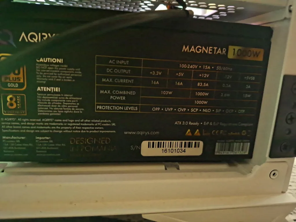 AQIRYS MAGNETAR 1000 W power supply label