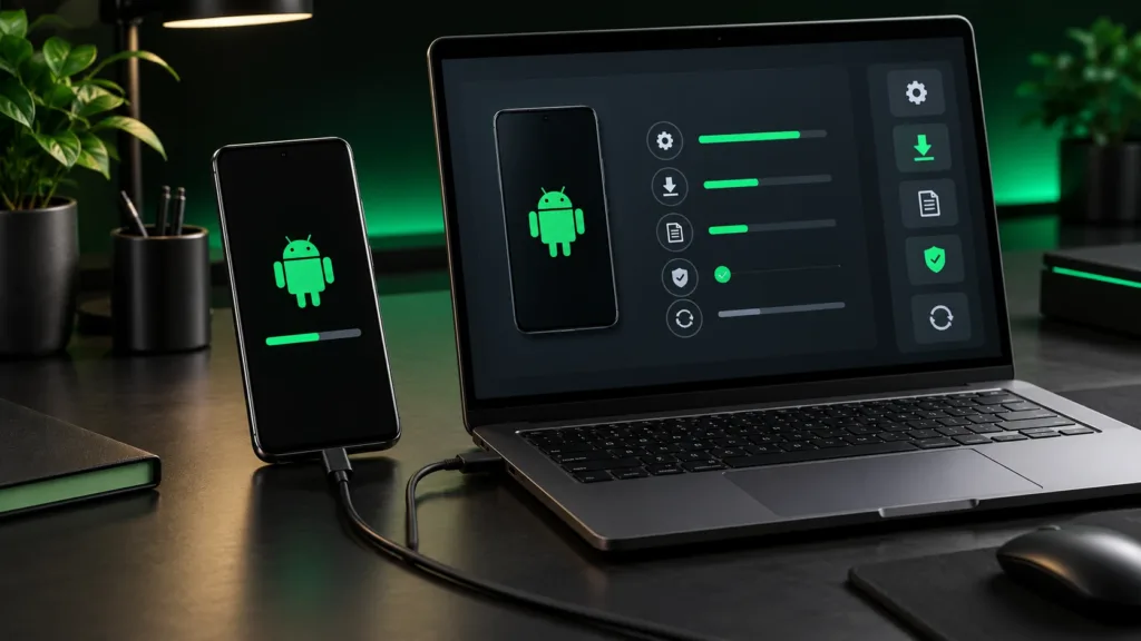 Software assistance and Android reinstallation on phone connected to laptop