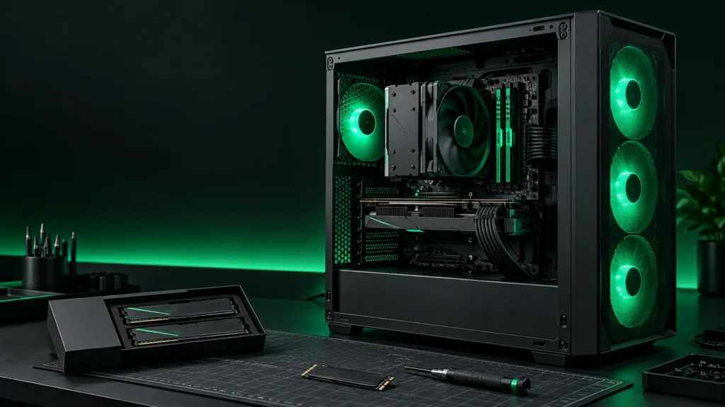 Asamblare PC gaming: calculator cu componente montate și cabluri organizate.