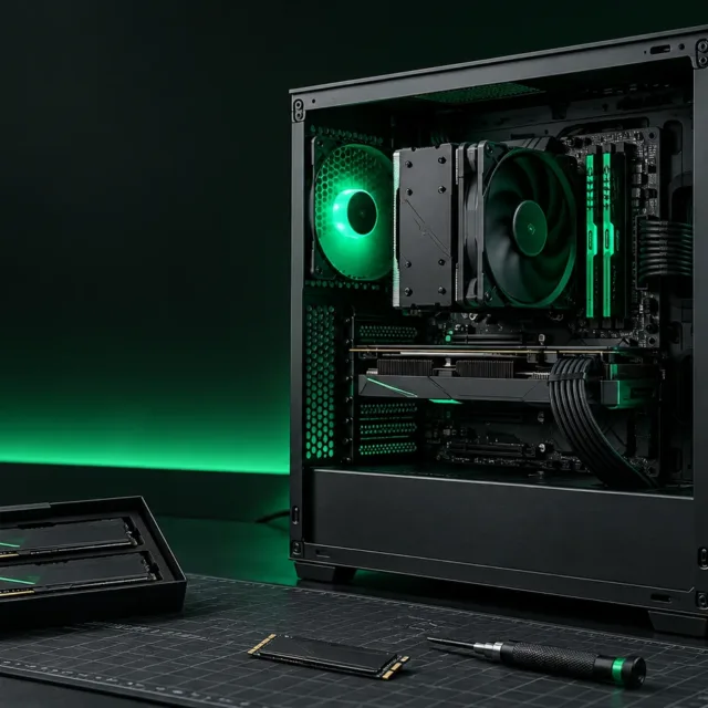 Gaming PC assembly: computer with mounted components and organised cables.