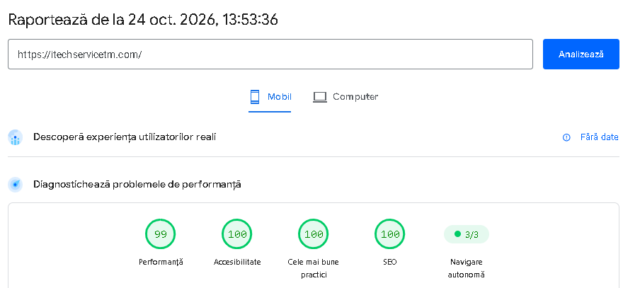 Mobile PageSpeed Insights report dated 24 October 2026: performance 99, accessibility 100, best practices 100, SEO 100.